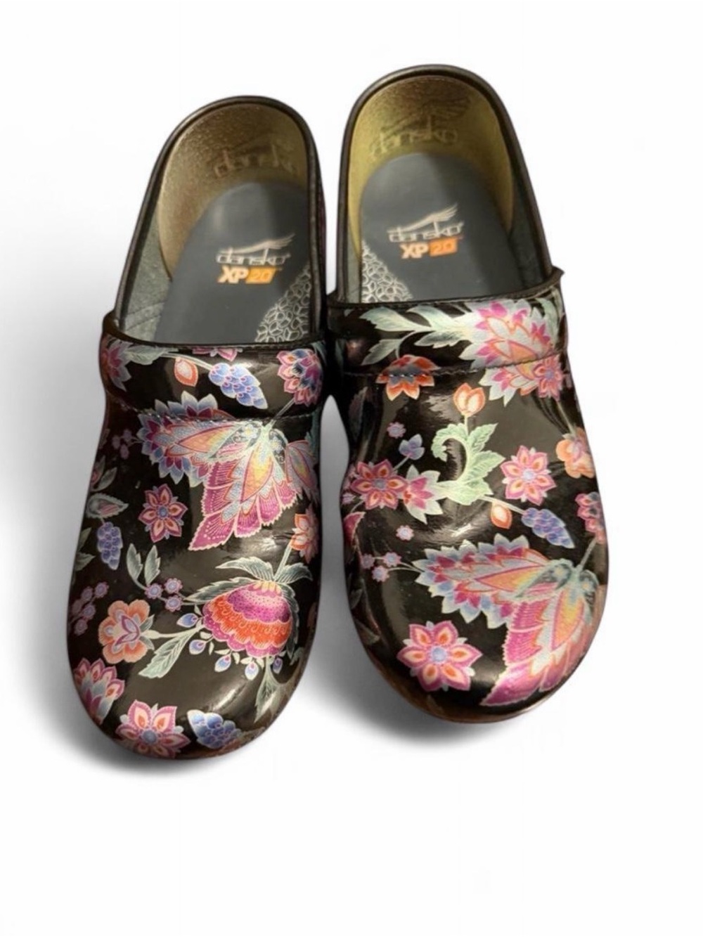 Dansko Black Patent Floral Clogs with Pink and Purple Accents